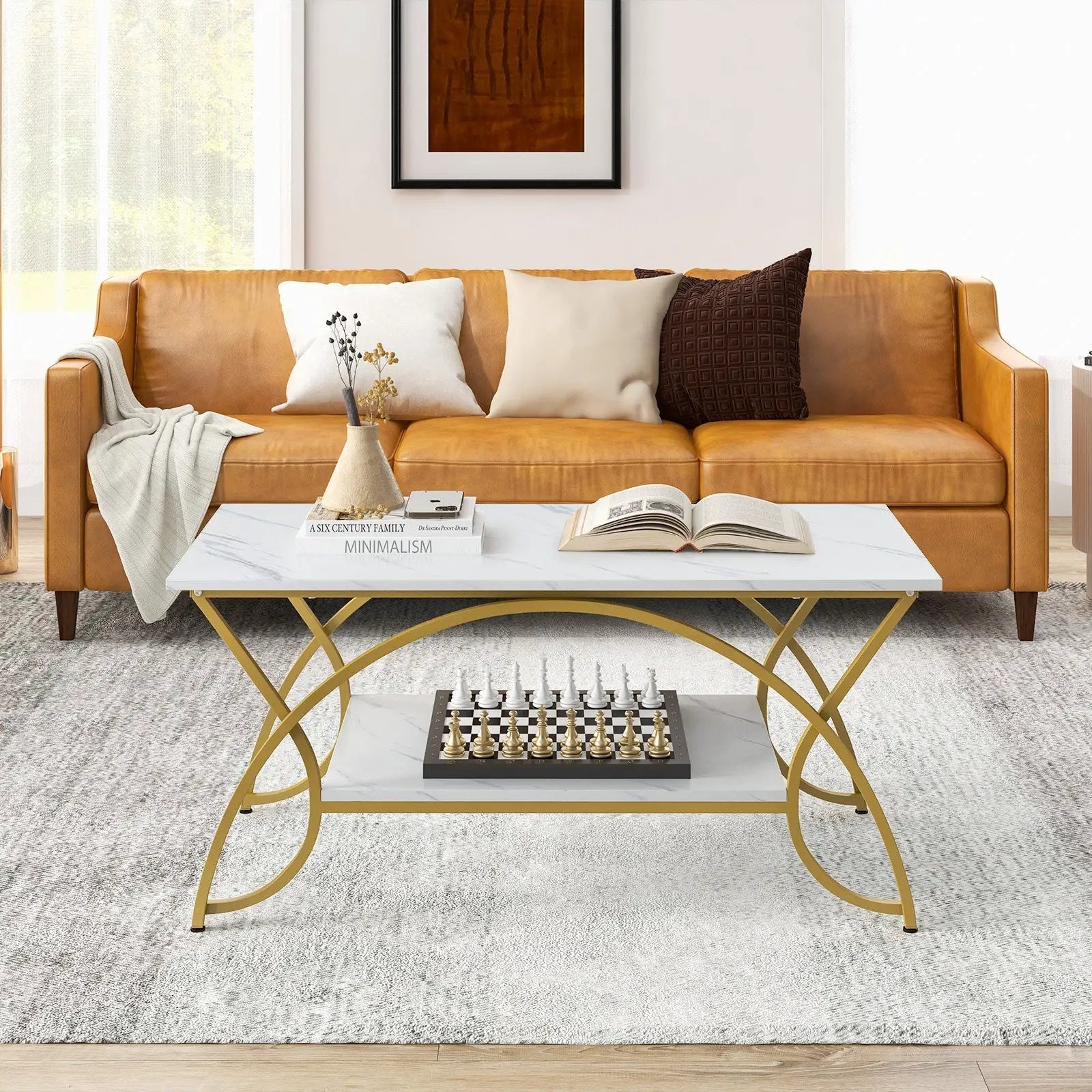 2-Tier Rectangle Coffee Table with Marble Pattern Top by DirectDeals