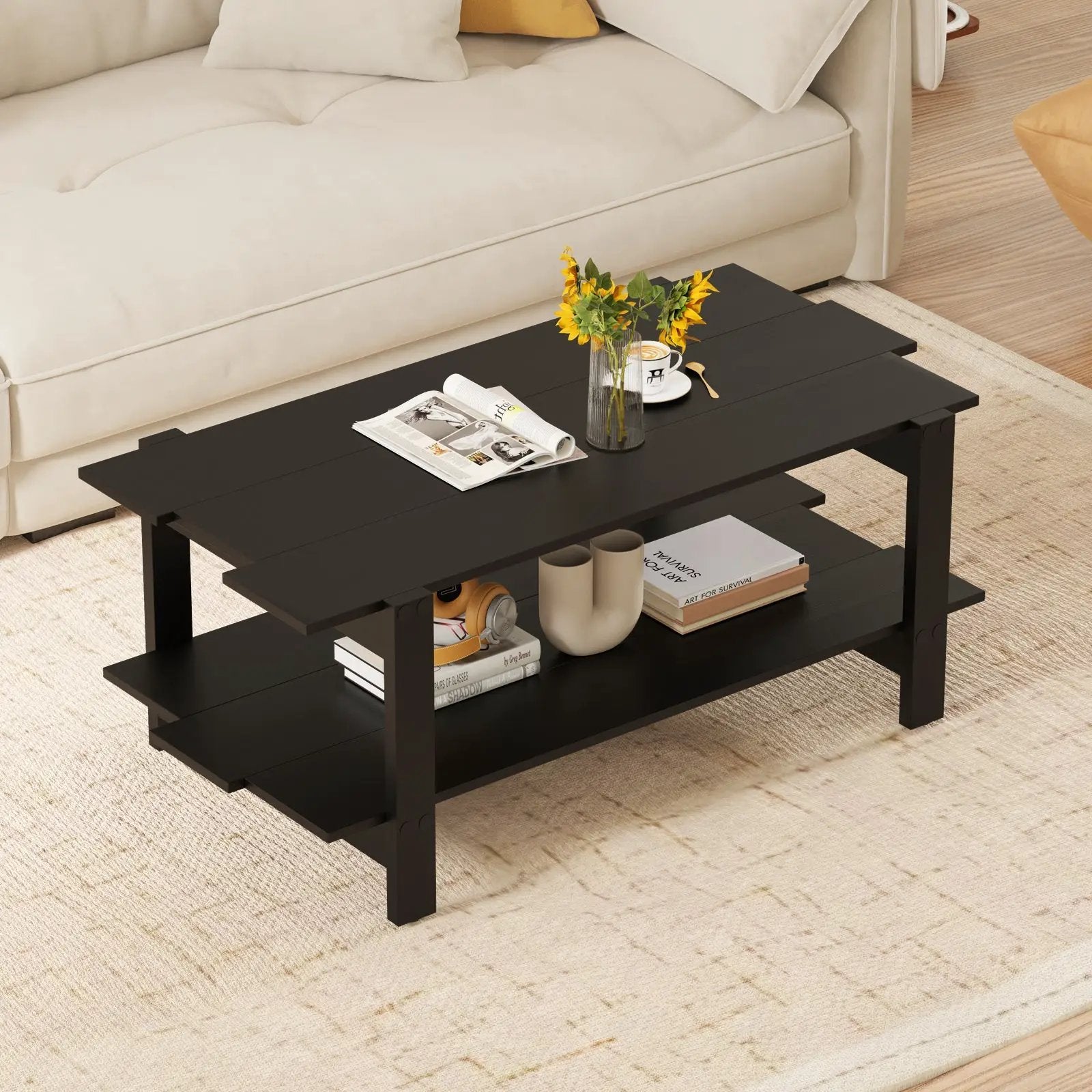 2-Tier Coffee Table Slatted Wood Center Table with Storage Shelf by DirectDeals
