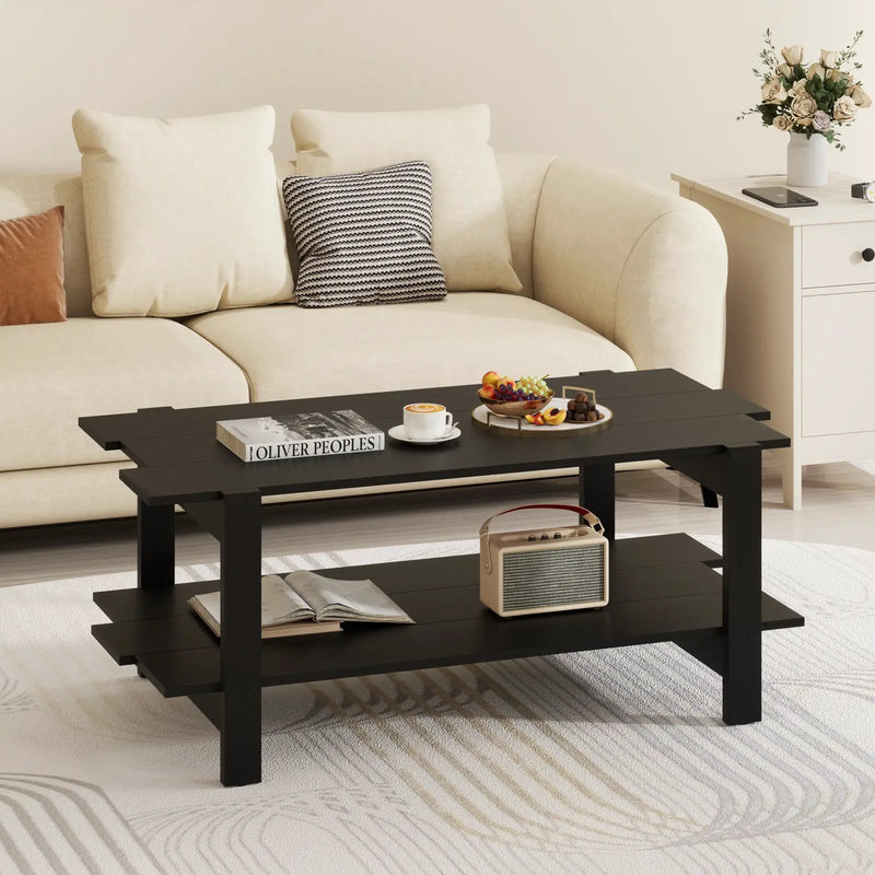 2-Tier Coffee Table Slatted Wood Center Table with Storage Shelf by DirectDeals