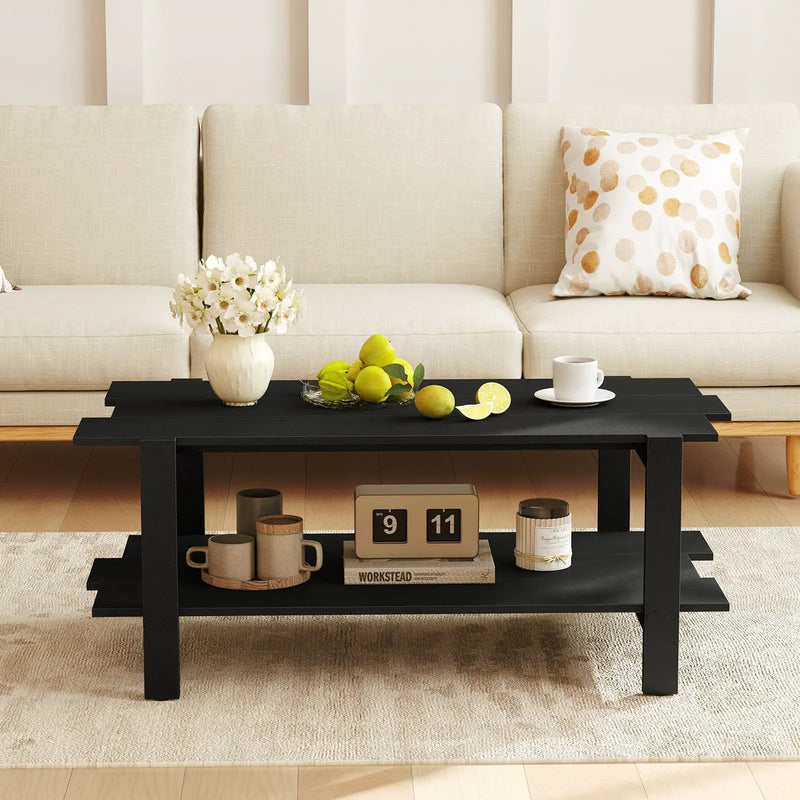 2-Tier Coffee Table Slatted Wood Center Table with Storage Shelf by DirectDeals