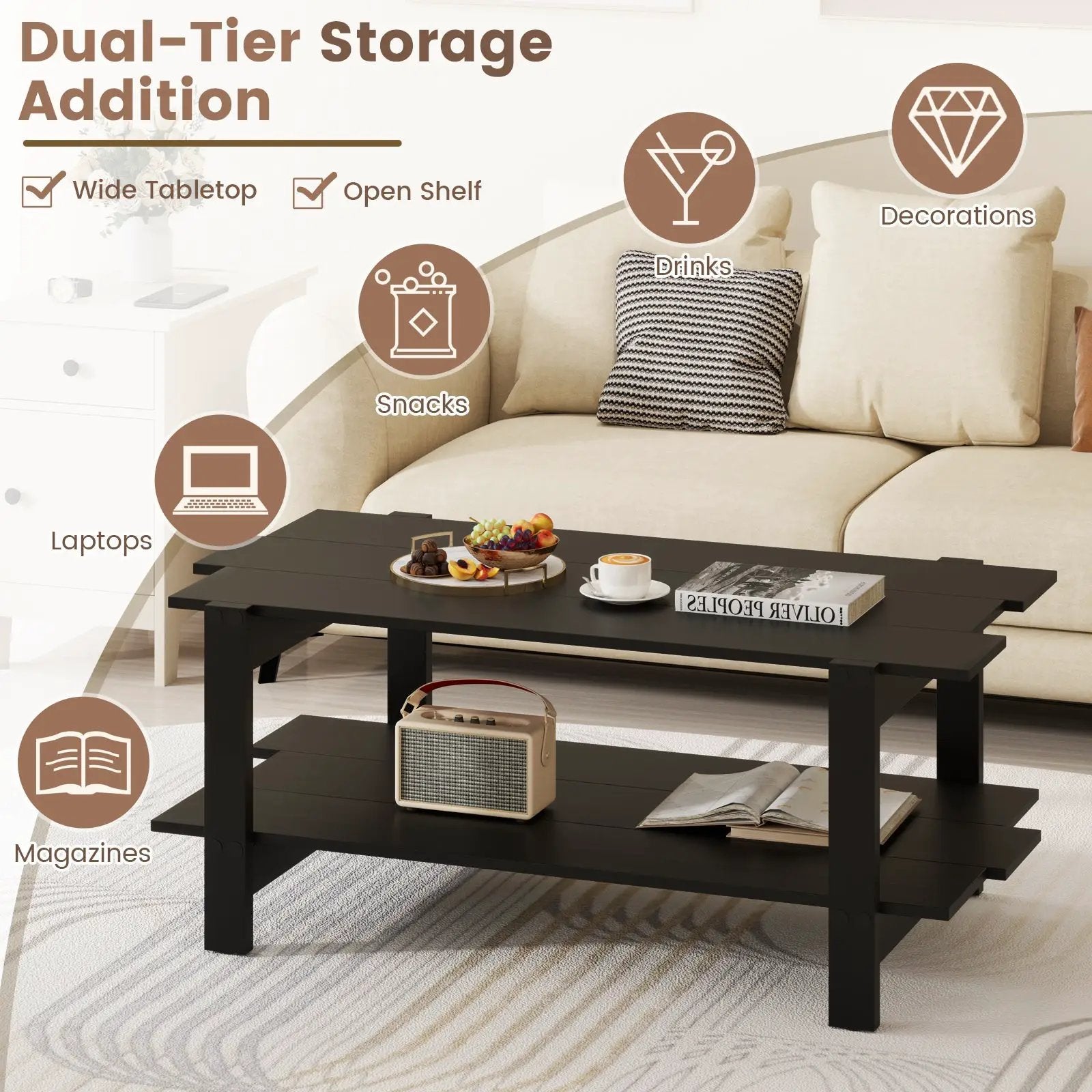 2-Tier Coffee Table Slatted Wood Center Table with Storage Shelf by DirectDeals