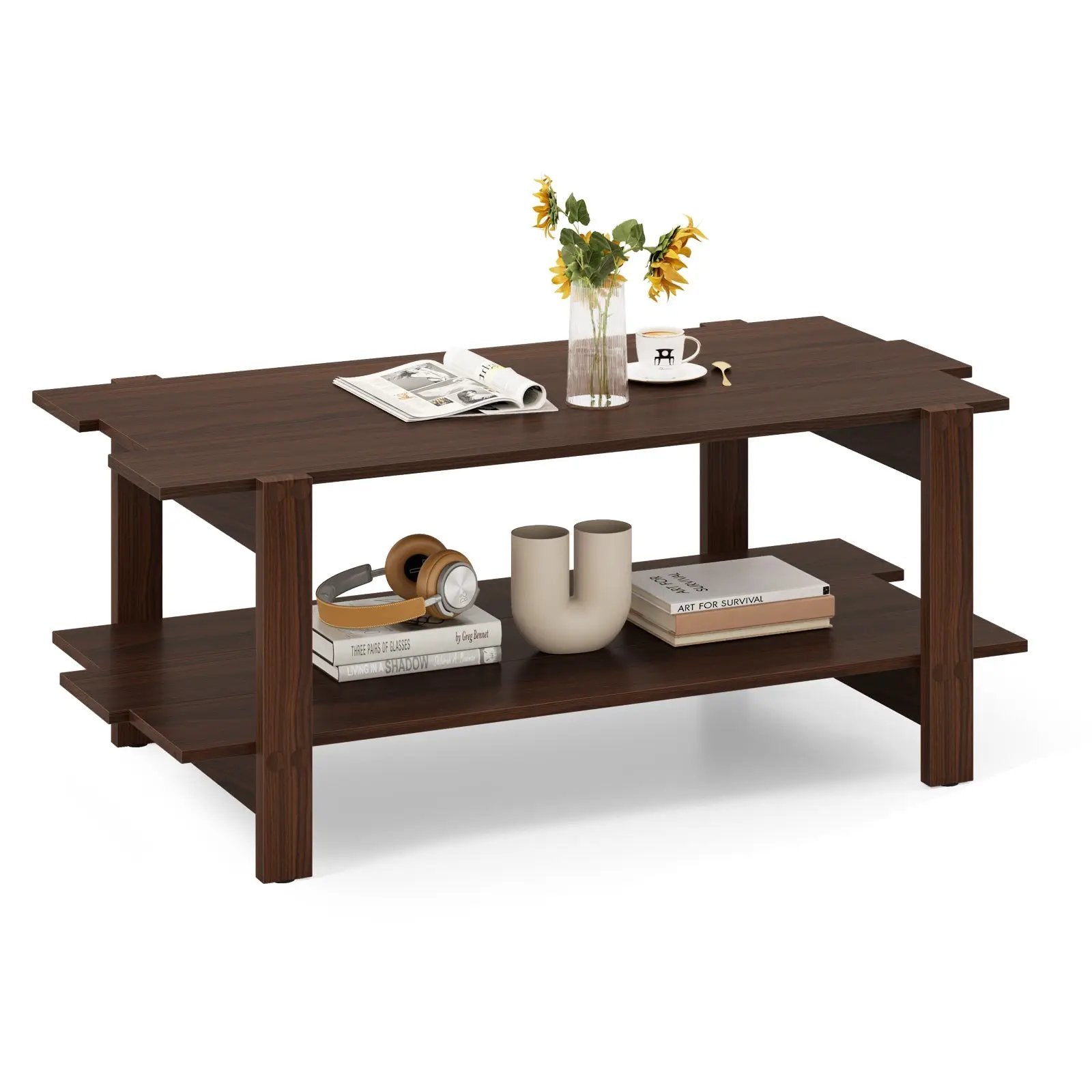 2-Tier Coffee Table Slatted Wood Center Table with Storage Shelf by DirectDeals