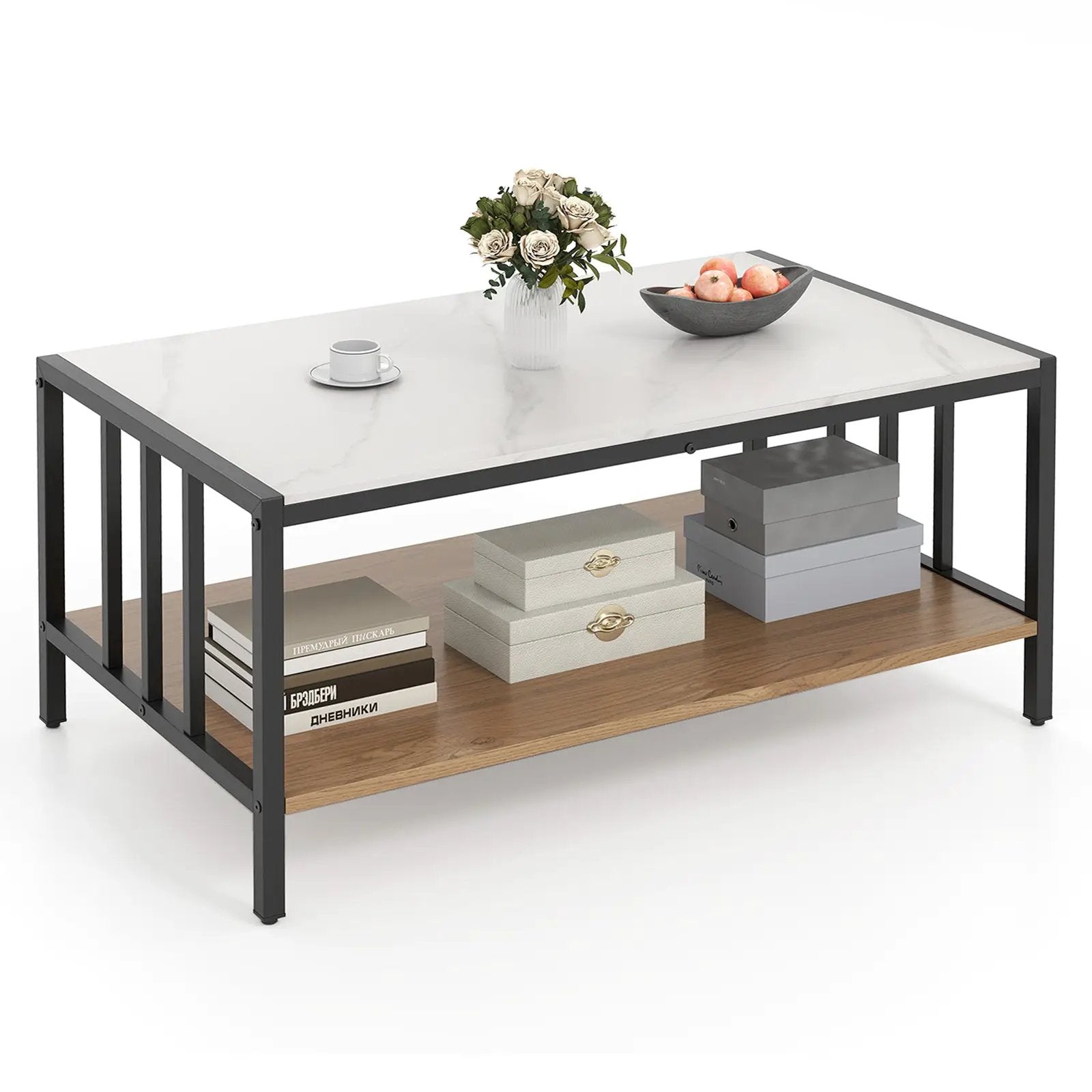 2 Tier Coffee Table with Sintered Stone Tabletop-White by DirectDeals