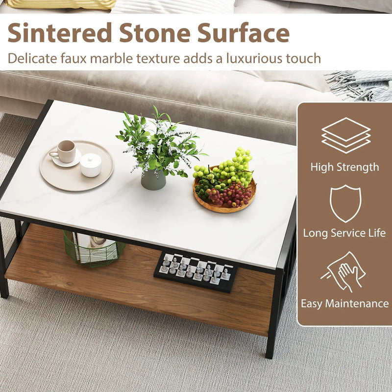 2 Tier Coffee Table with Sintered Stone Tabletop-White by DirectDeals