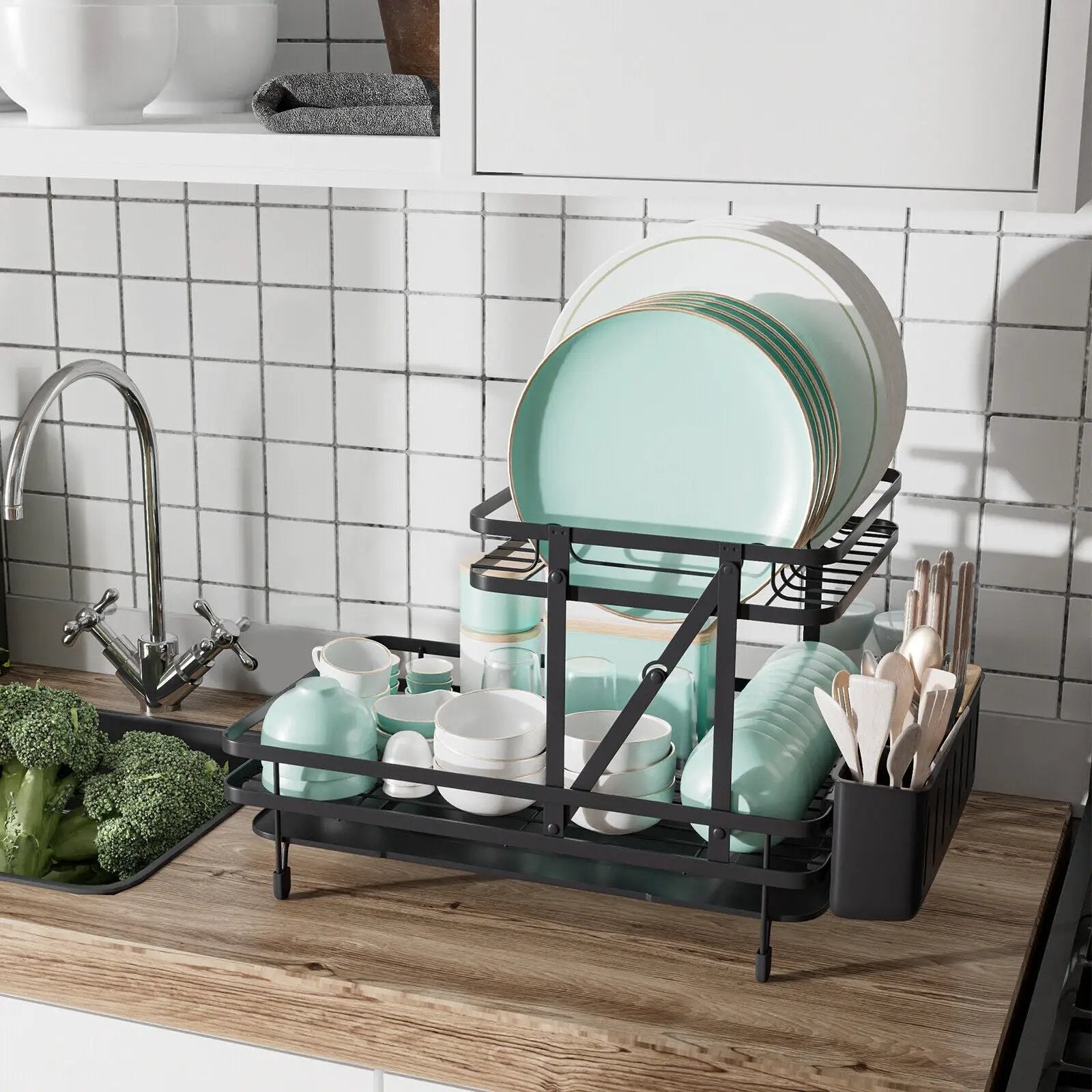 2-Tier Collapsible Dish Rack with Removable Drip Tray by DirectDeals