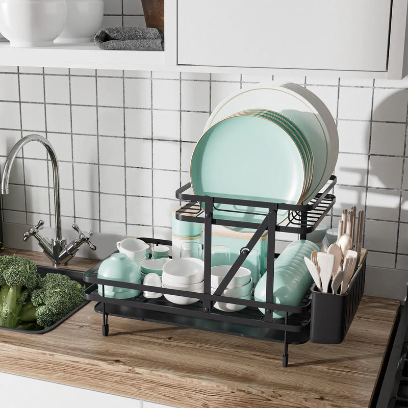 2-Tier Collapsible Dish Rack with Removable Drip Tray by DirectDeals