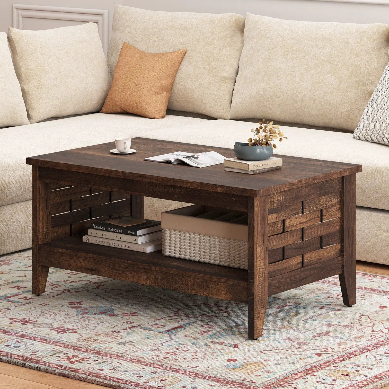 2-Tier Farmhouse Coffee Table with Open Shelf and Woven Decorations for Living Room by DirectDeals