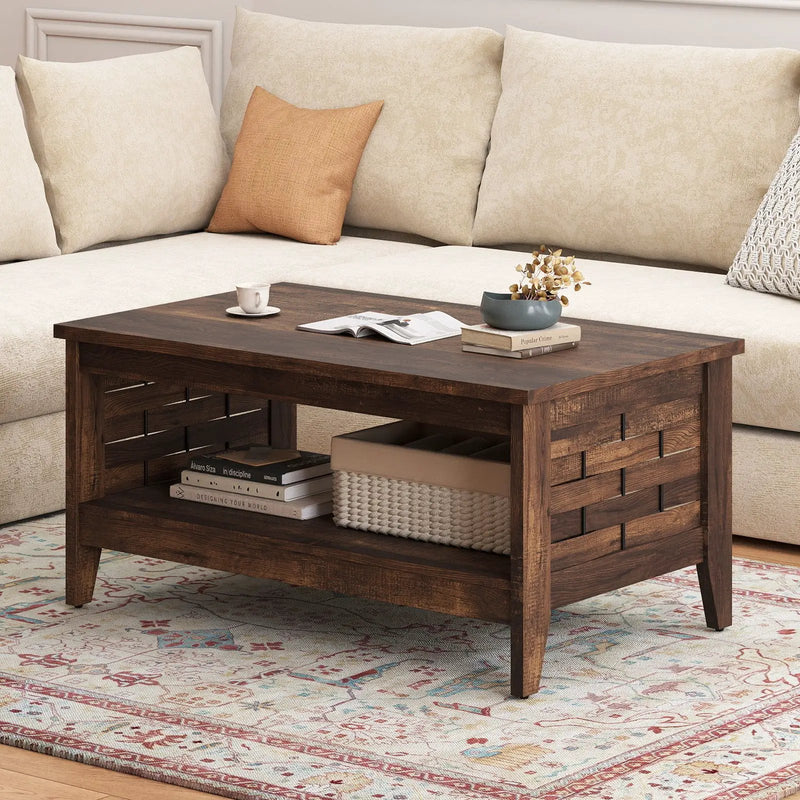 2-Tier Farmhouse Coffee Table with Open Shelf and Woven Decorations for Living Room by DirectDeals