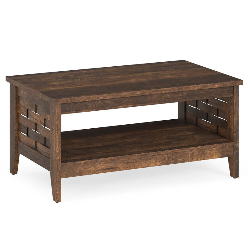 2-Tier Farmhouse Coffee Table with Open Shelf and Woven Decorations for Living Room by DirectDeals