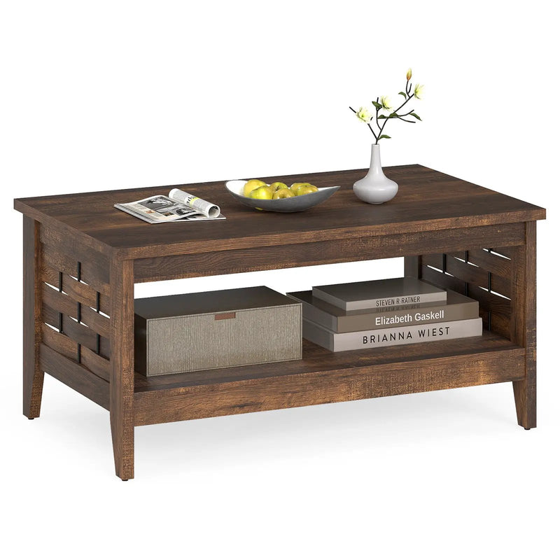 2-Tier Farmhouse Coffee Table with Open Shelf and Woven Decorations for Living Room by DirectDeals