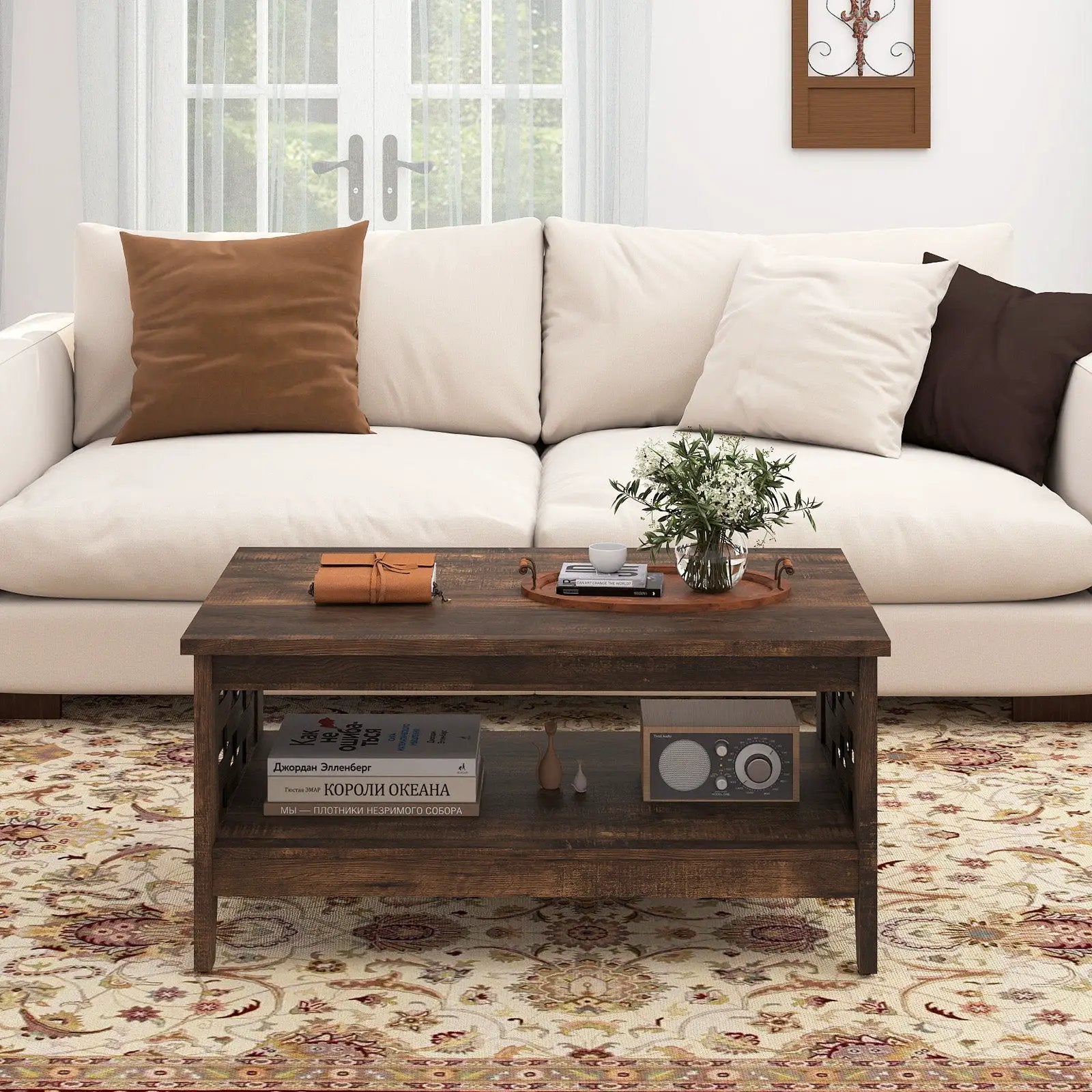 2-Tier Farmhouse Coffee Table with Open Shelf and Woven Decorations for Living Room by DirectDeals