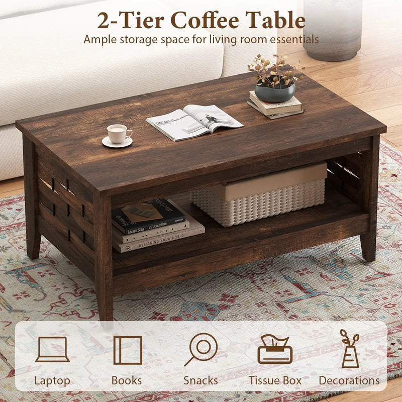 2-Tier Farmhouse Coffee Table with Open Shelf and Woven Decorations for Living Room by DirectDeals