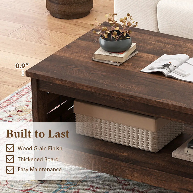 2-Tier Farmhouse Coffee Table with Open Shelf and Woven Decorations for Living Room by DirectDeals