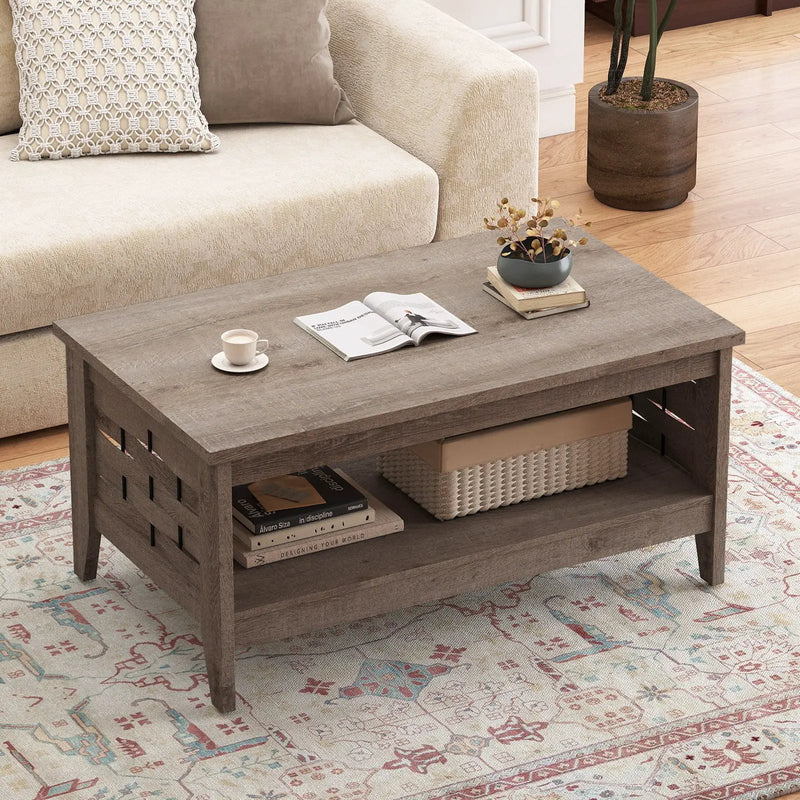 2-Tier Farmhouse Coffee Table with Open Shelf and Woven Decorations for Living Room by DirectDeals