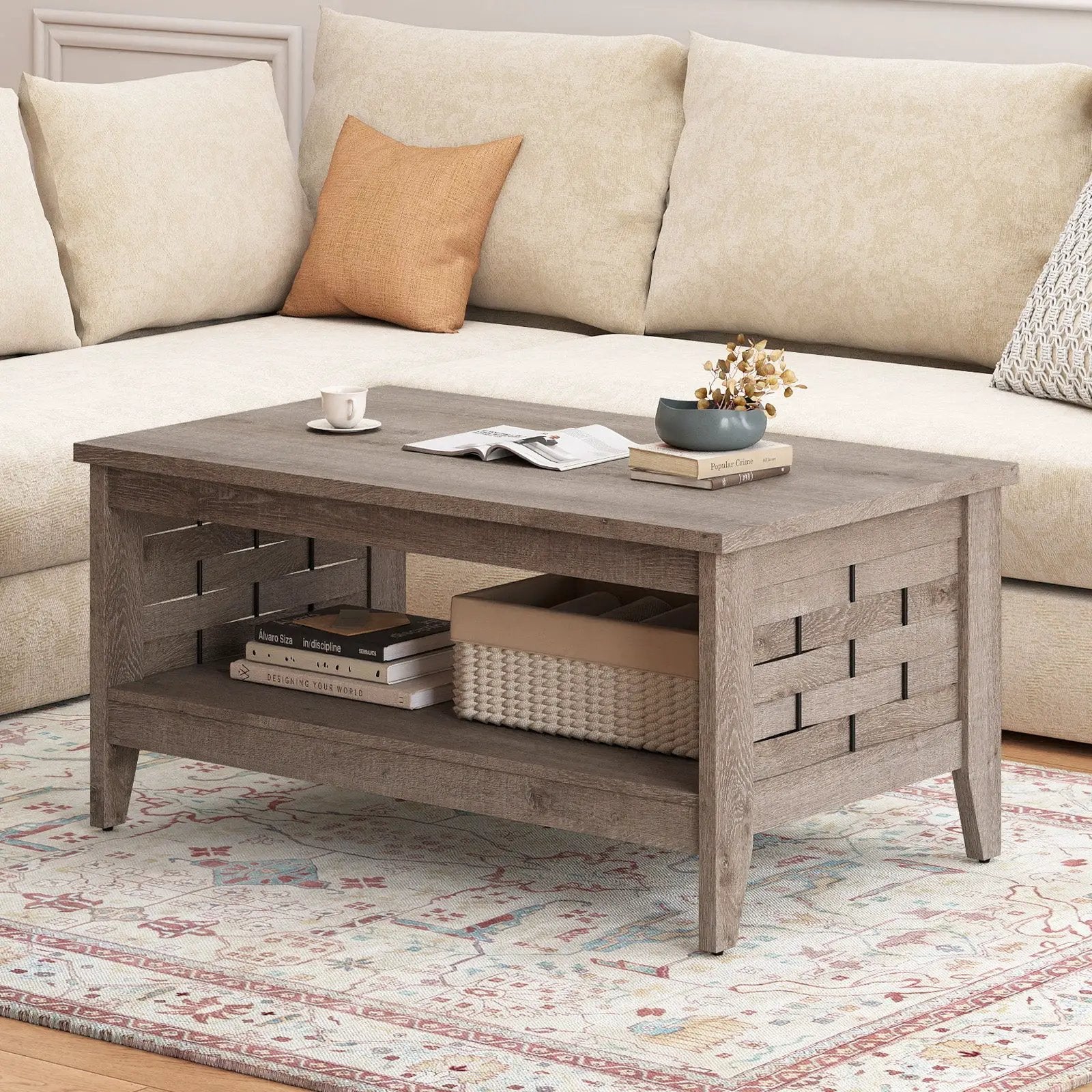 2-Tier Farmhouse Coffee Table with Open Shelf and Woven Decorations for Living Room by DirectDeals