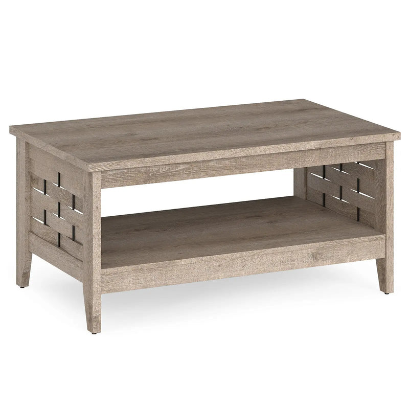 2-Tier Farmhouse Coffee Table with Open Shelf and Woven Decorations for Living Room by DirectDeals