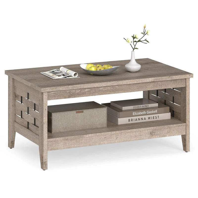 2-Tier Farmhouse Coffee Table with Open Shelf and Woven Decorations for Living Room by DirectDeals