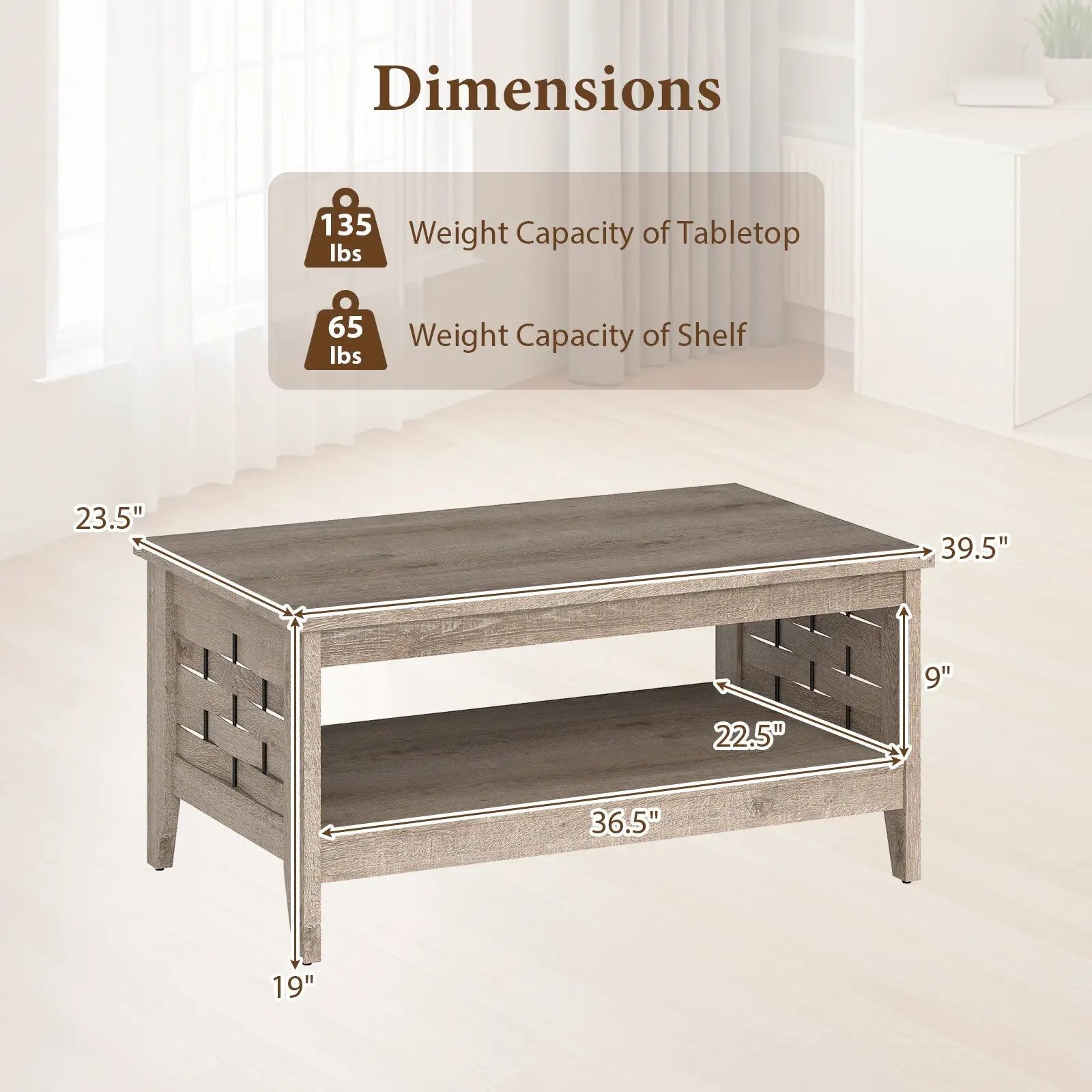 2-Tier Farmhouse Coffee Table with Open Shelf and Woven Decorations for Living Room by DirectDeals