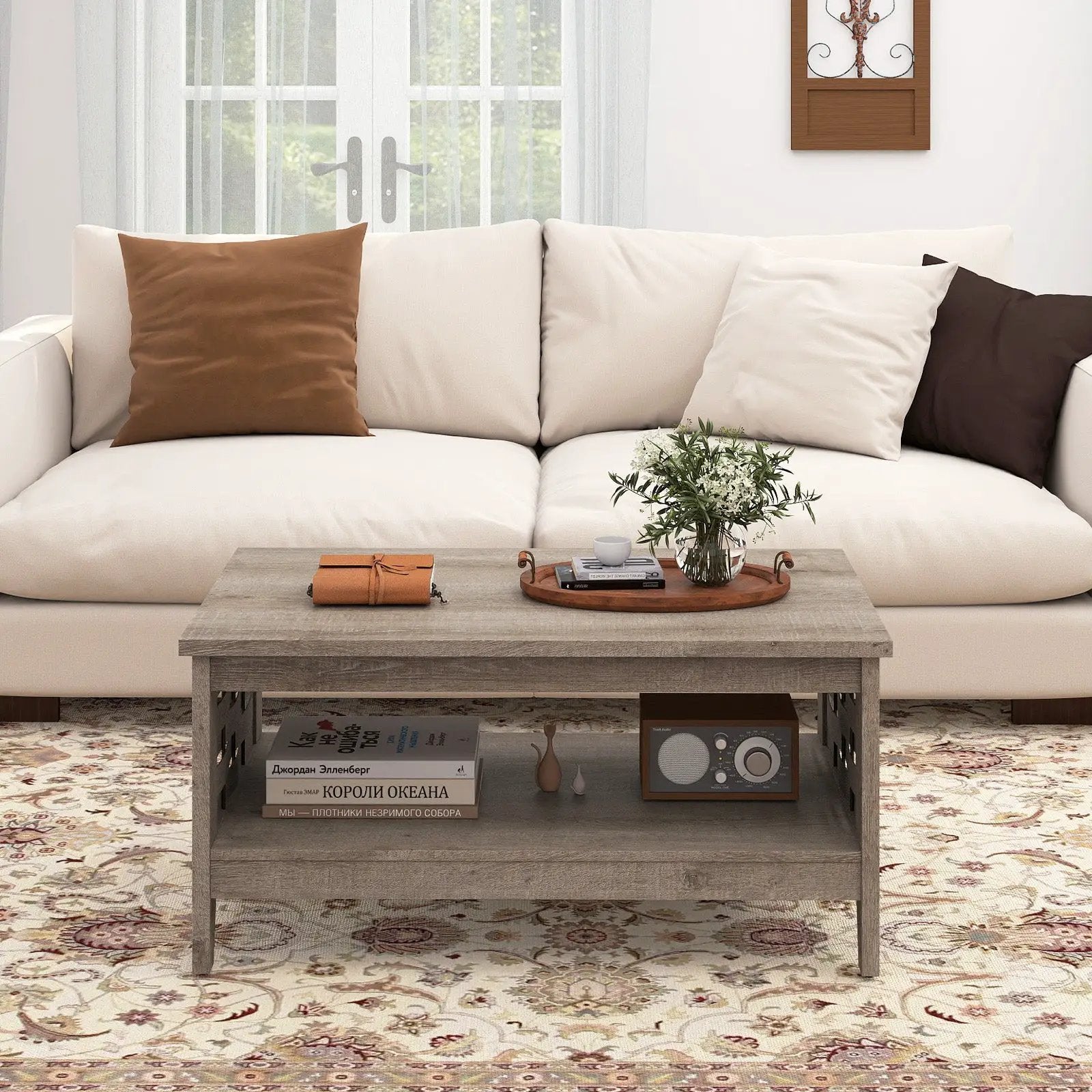 2-Tier Farmhouse Coffee Table with Open Shelf and Woven Decorations for Living Room by DirectDeals