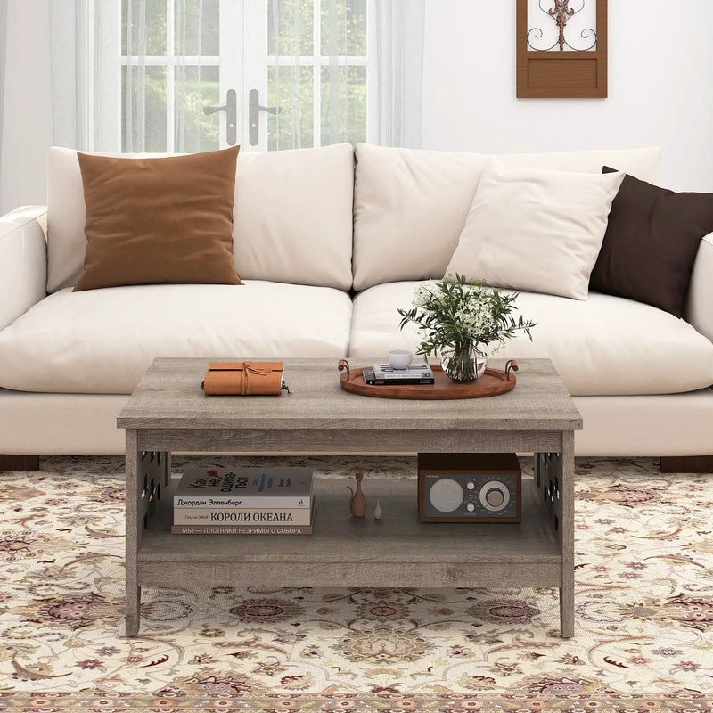 2-Tier Farmhouse Coffee Table with Open Shelf and Woven Decorations for Living Room by DirectDeals