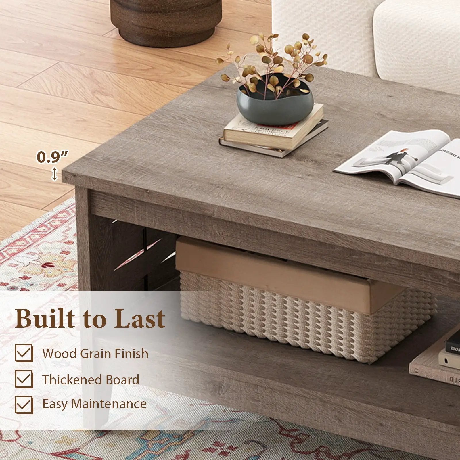 2-Tier Farmhouse Coffee Table with Open Shelf and Woven Decorations for Living Room by DirectDeals