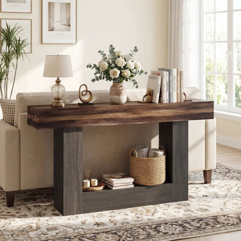 2-Tier Farmhouse Console Table 63" Long with Storage Shelf by DirectDeals