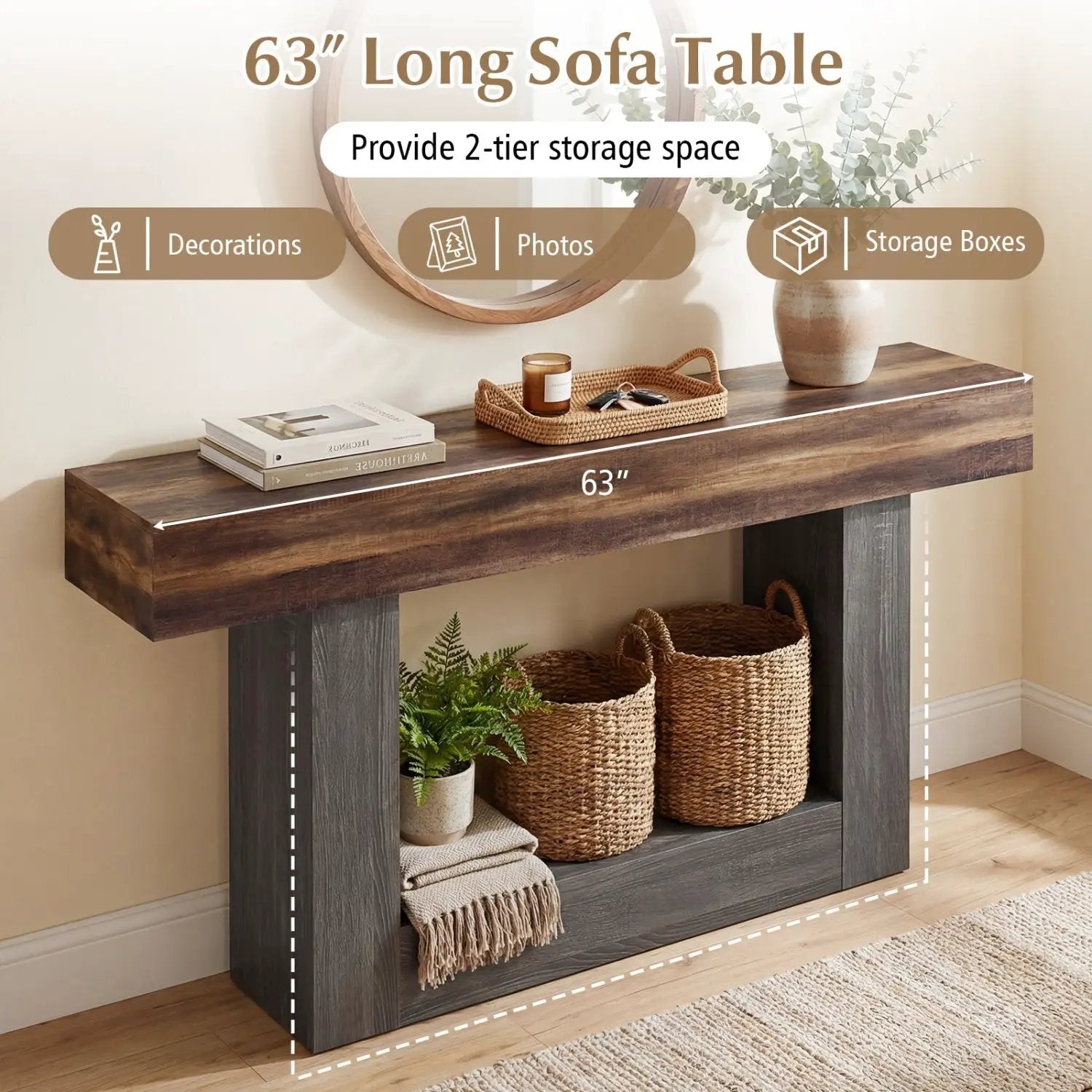 2-Tier Farmhouse Console Table 63" Long with Storage Shelf by DirectDeals