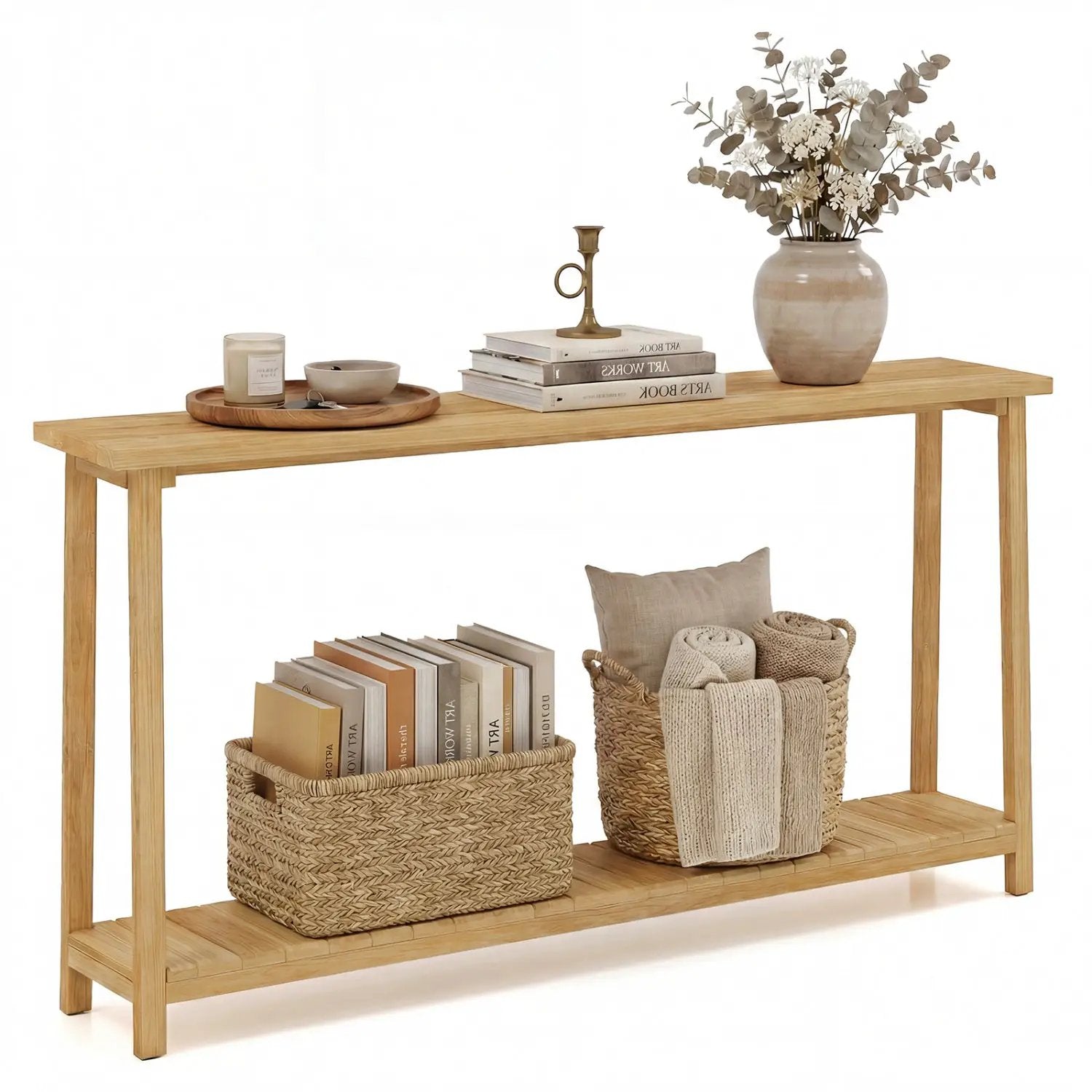 2-Tier Farmhouse Sofa Table with Teak Wood Frame and Storage Shelf by DirectDeals