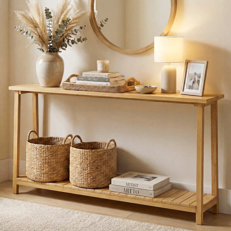 2-Tier Farmhouse Sofa Table with Teak Wood Frame and Storage Shelf by DirectDeals