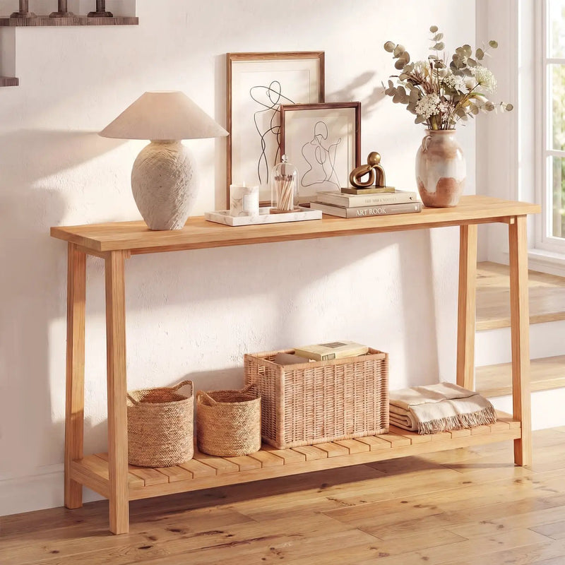 2-Tier Farmhouse Sofa Table with Teak Wood Frame and Storage Shelf by DirectDeals