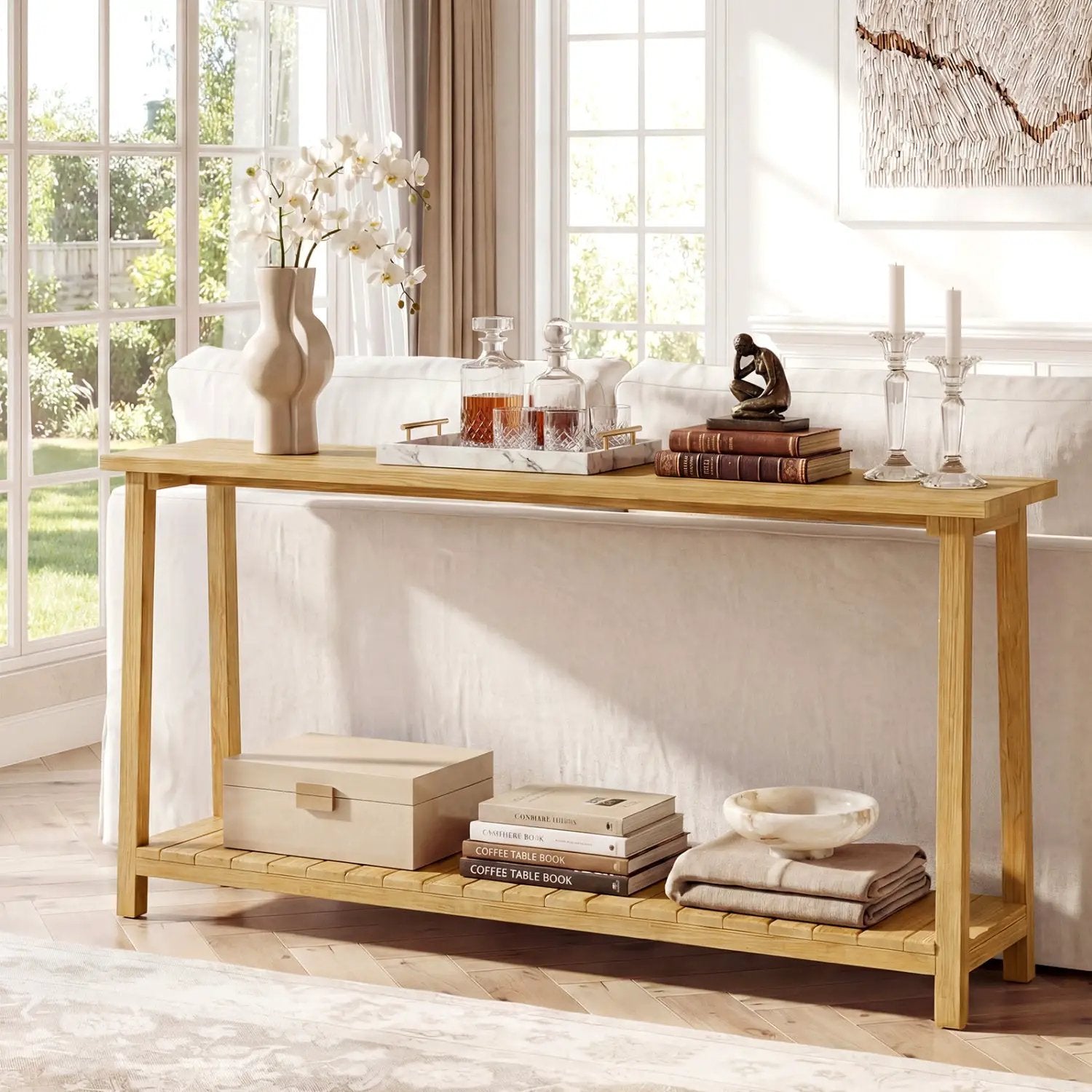 2-Tier Farmhouse Sofa Table with Teak Wood Frame and Storage Shelf by DirectDeals