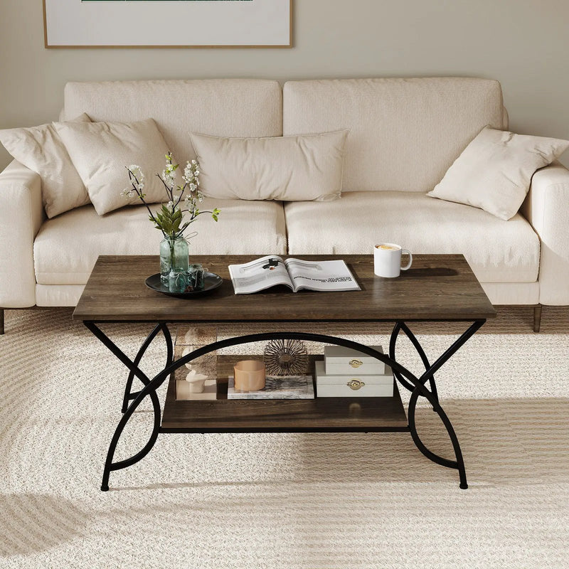 2-Tier Rectangle Coffee Table with Marble Pattern Top by DirectDeals