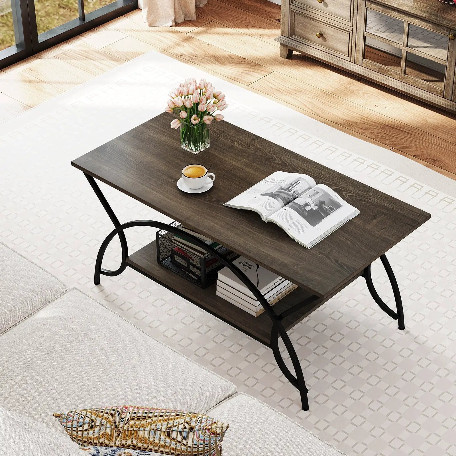 2-Tier Rectangle Coffee Table with Marble Pattern Top by DirectDeals