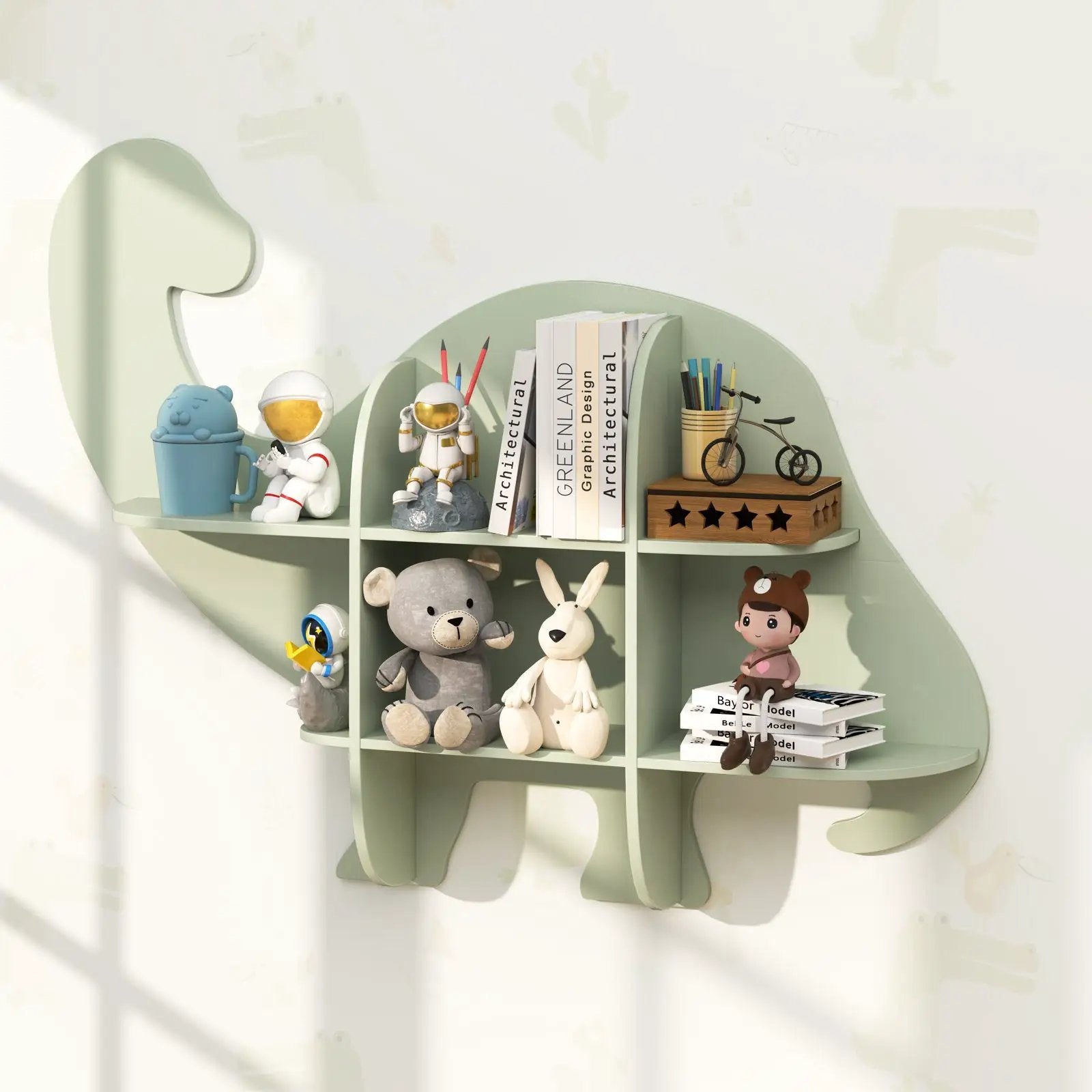 2-Tier Floating Dinosaur Kids Bookshelf for Children-Green by DirectDeals