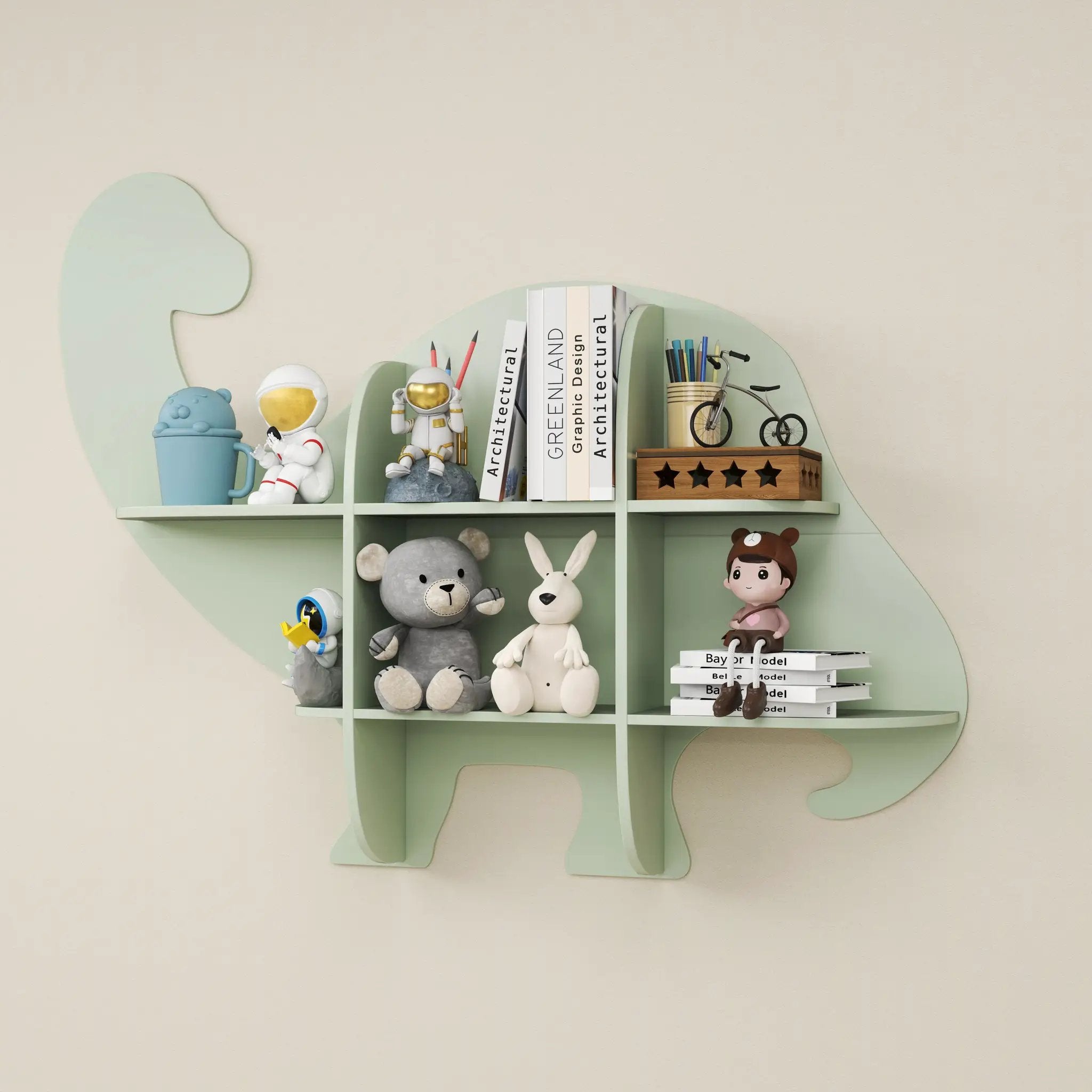 2-Tier Floating Dinosaur Kids Bookshelf for Children-Green by DirectDeals