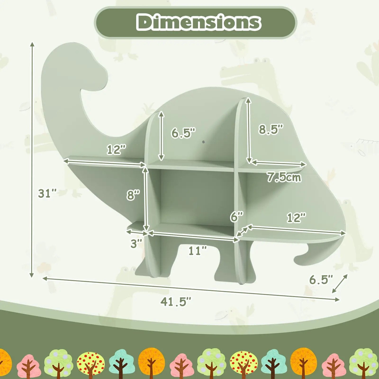2-Tier Floating Dinosaur Kids Bookshelf for Children-Green by DirectDeals