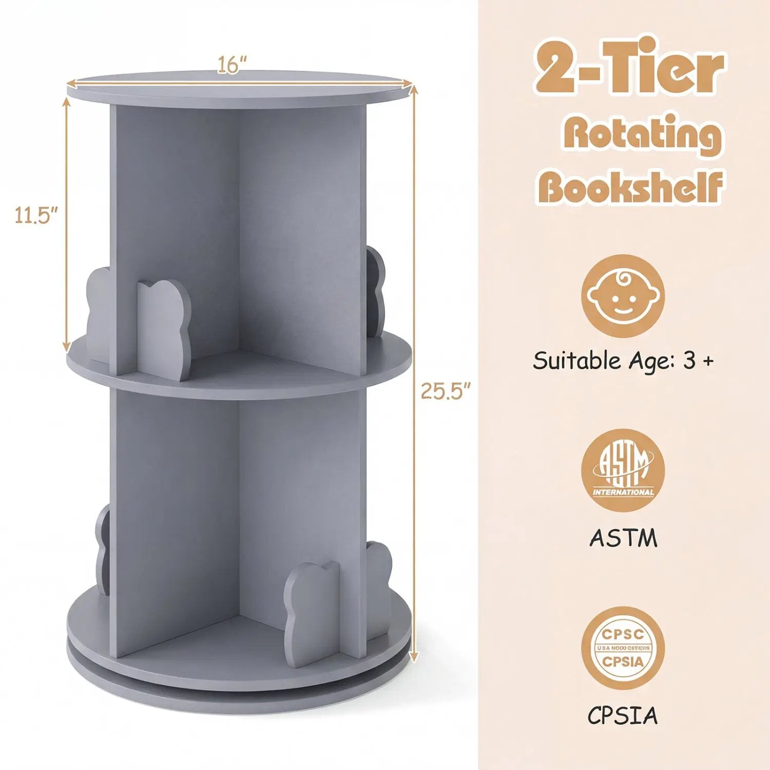 Kids Rotating Bookshelf 2-Tier Storage Rack with Bear Baffles by DirectDeals