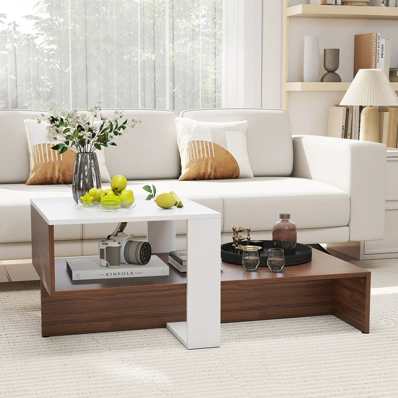 2-Tier Geometric Coffee Table with Storage Shelves for Living Room and Reception Room-White and Brown by DirectDeals