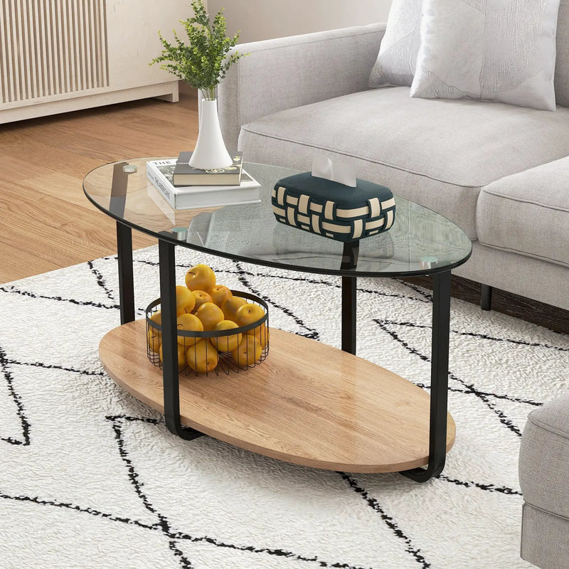 2-Tier Glass-Top Oval Coffee Table with Wooden Shelf for Living Room by DirectDeals