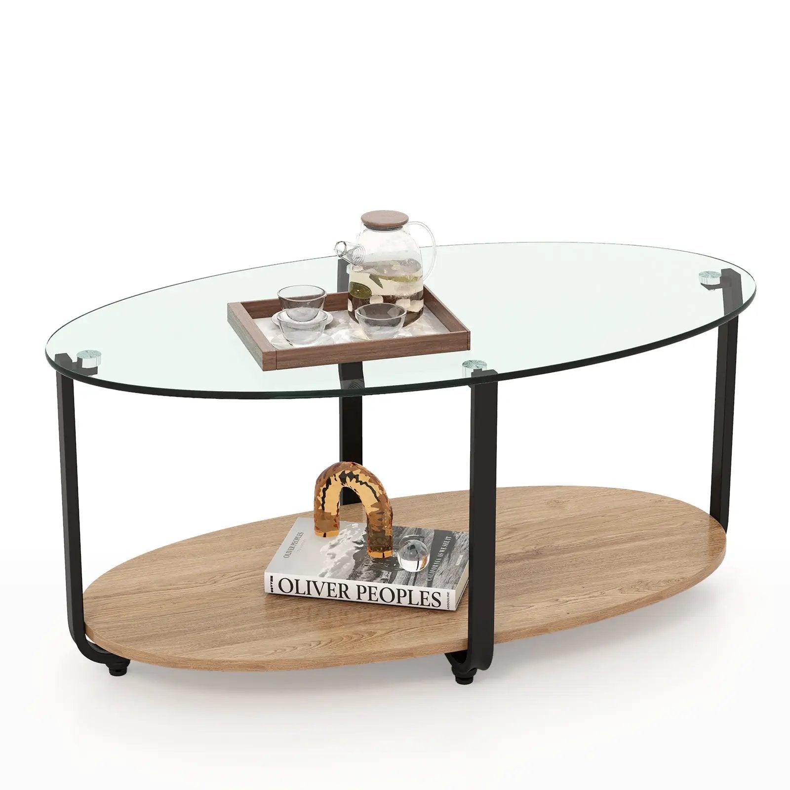 2-Tier Glass-Top Oval Coffee Table with Wooden Shelf for Living Room by DirectDeals