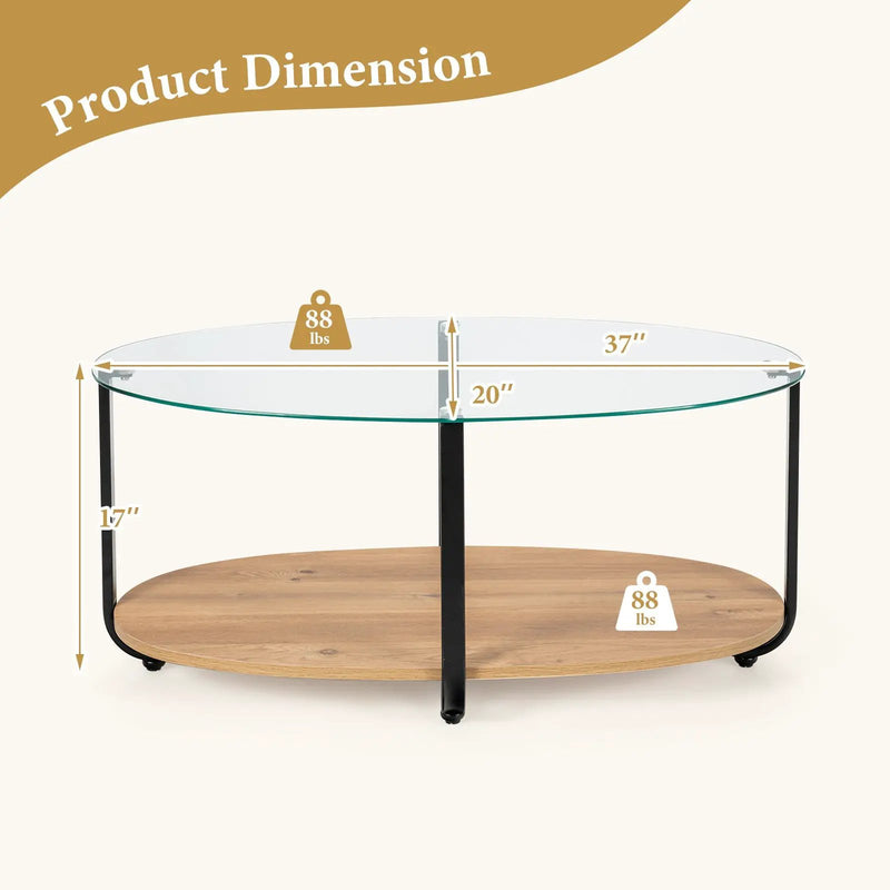 2-Tier Glass-Top Oval Coffee Table with Wooden Shelf for Living Room by DirectDeals