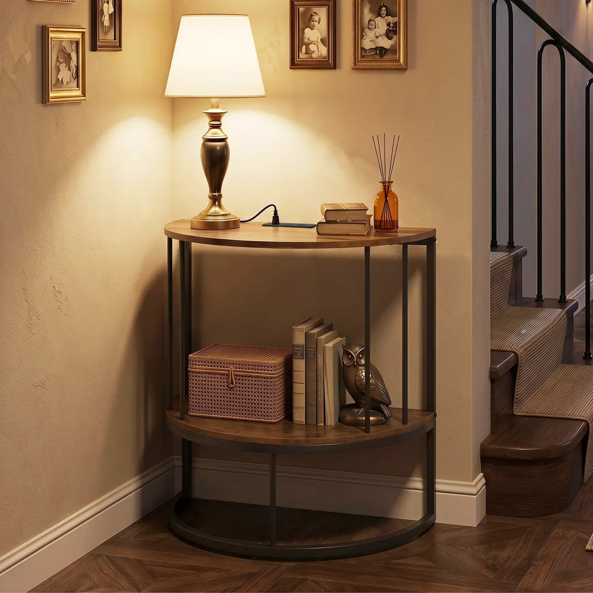 Half Moon Console Table with Power Outlets & Storage Shelf, photo 10 of 16
