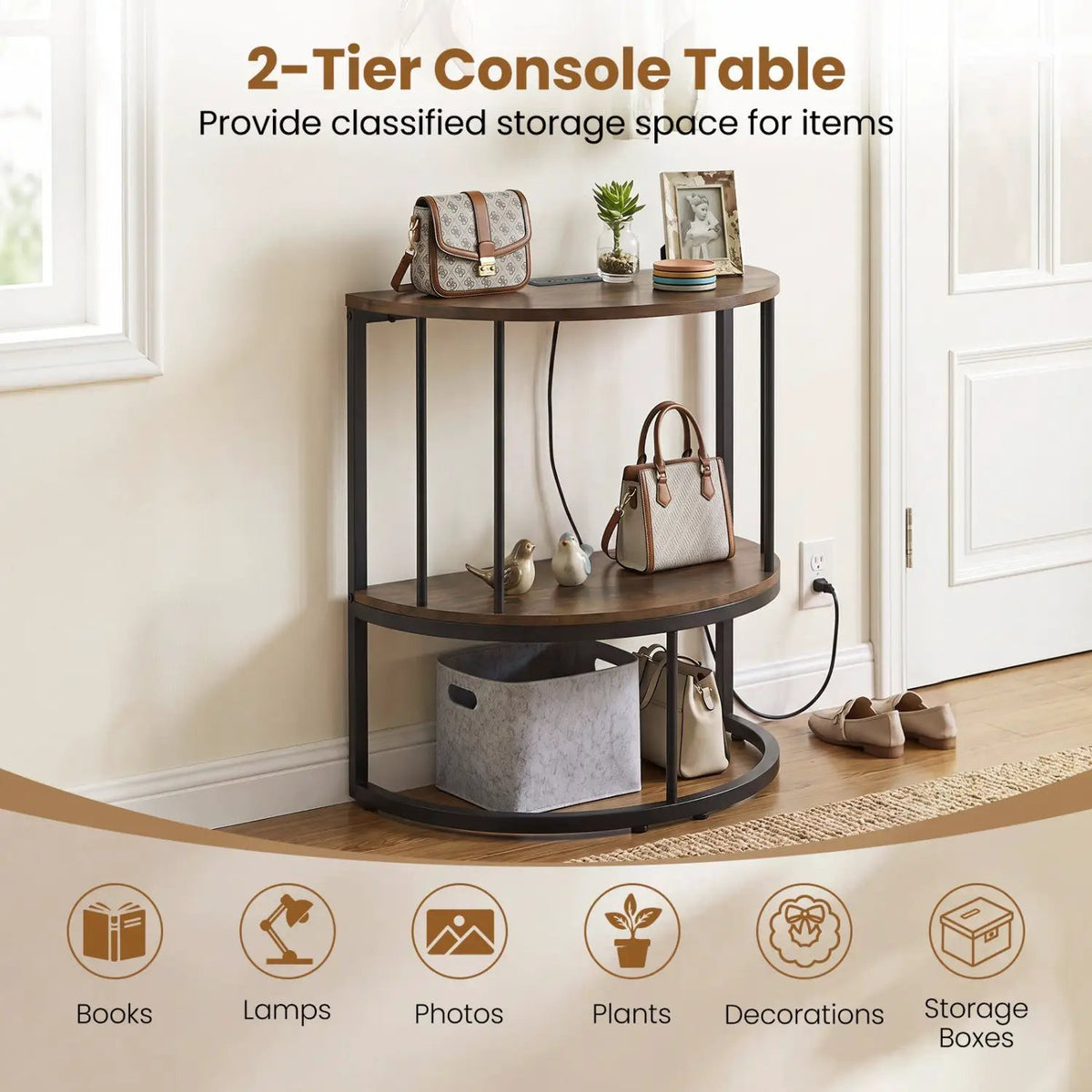 Half Moon Console Table with Power Outlets & Storage Shelf, photo 15 of 16