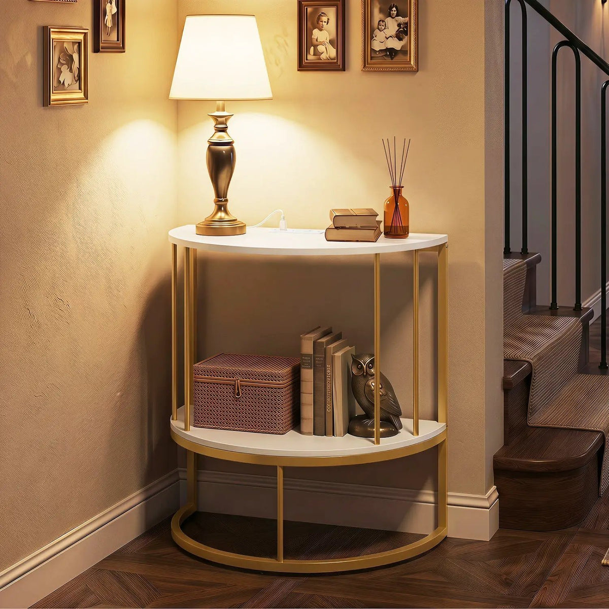 Half Moon Console Table with Power Outlets & Storage Shelf, photo 2 of 16