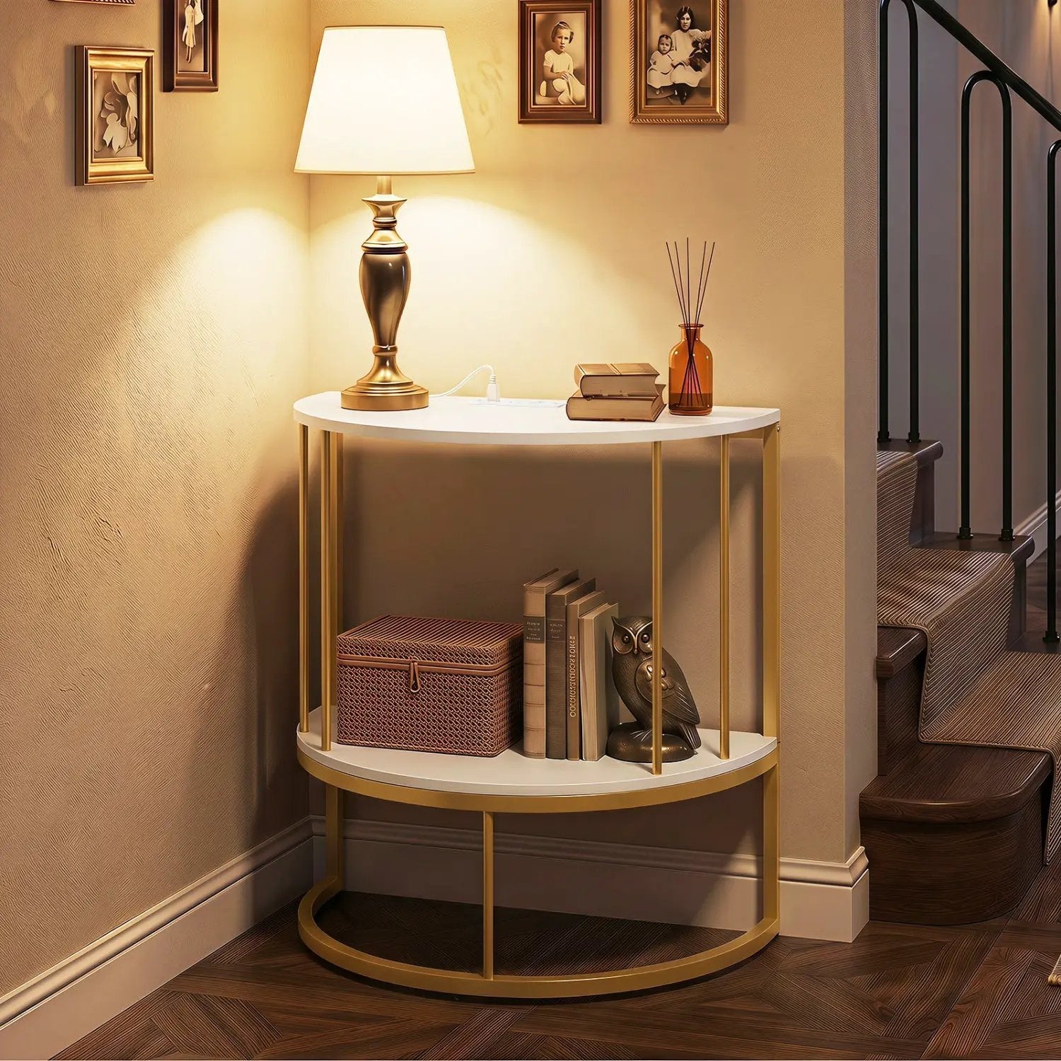 Half Moon Console Table with Power Outlets & Storage Shelf by DirectDeals