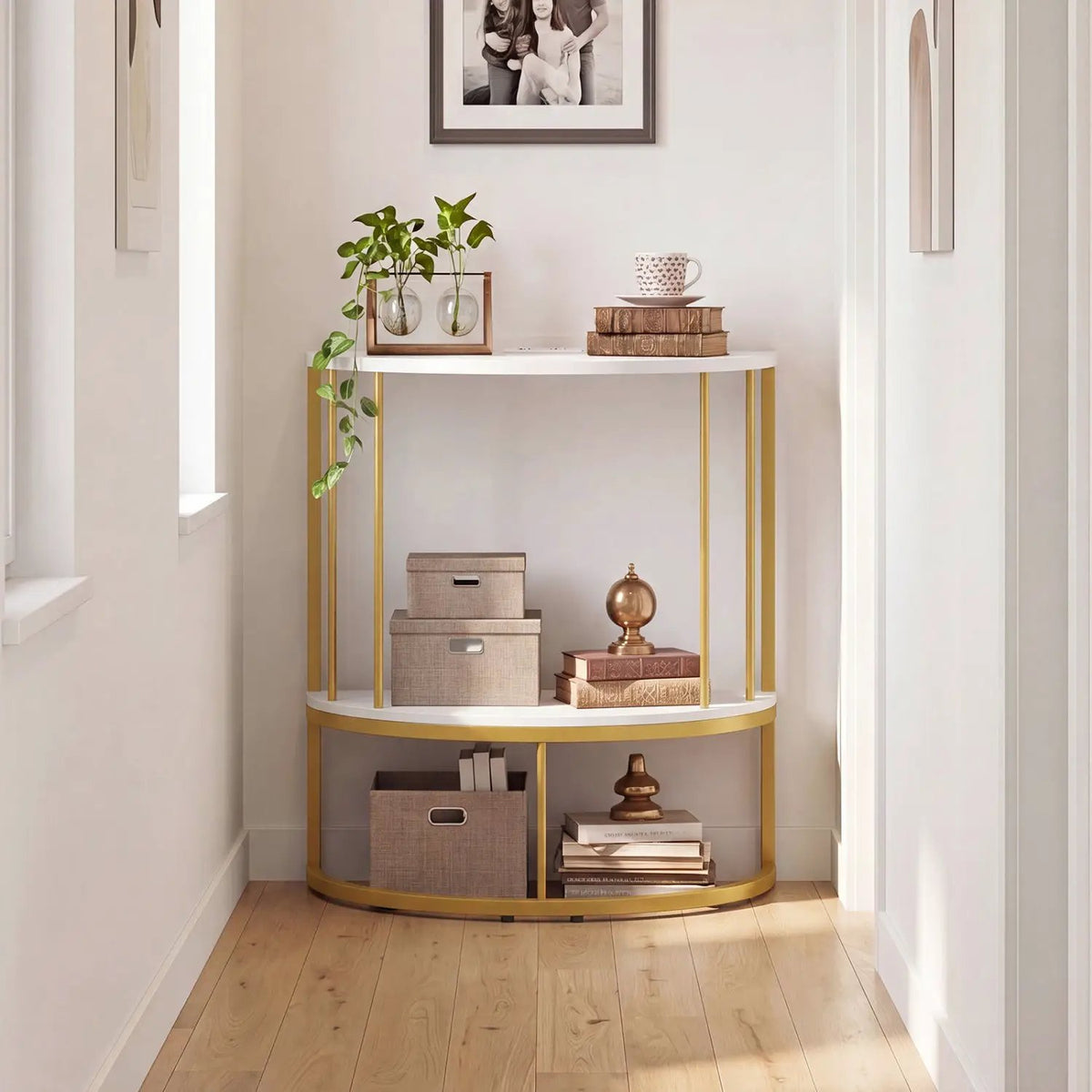 Half Moon Console Table with Power Outlets & Storage Shelf, photo 6 of 16