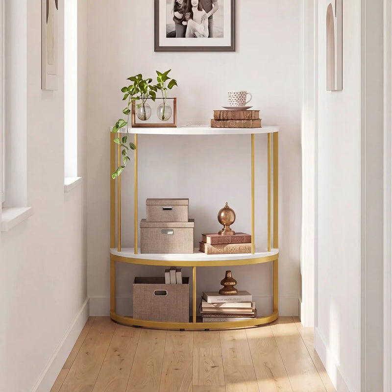 Half Moon Console Table with Power Outlets & Storage Shelf by DirectDeals