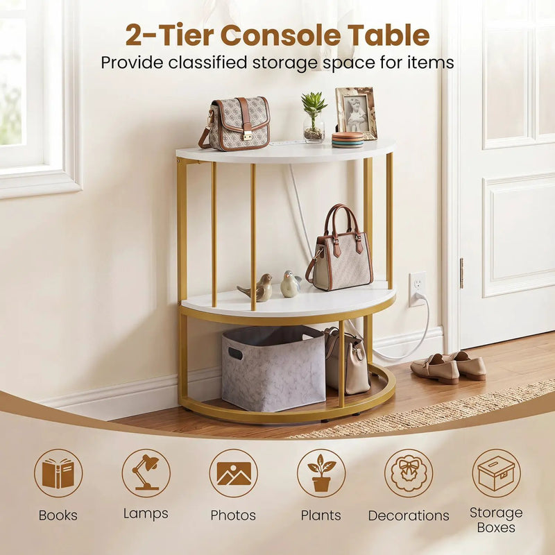 Half Moon Console Table with Power Outlets & Storage Shelf by DirectDeals