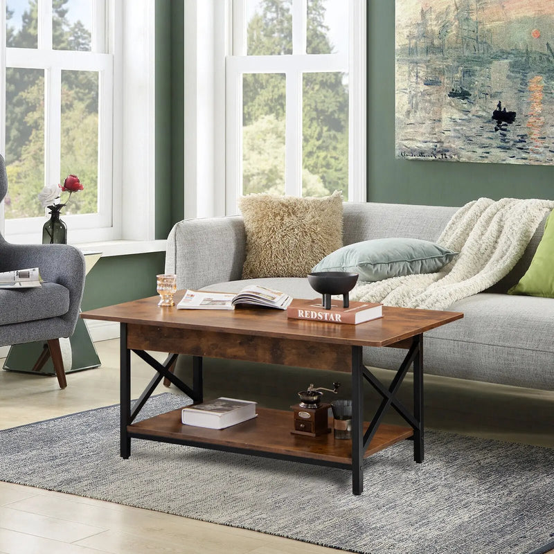 2-Tier Industrial Rectangular Coffee Table with Storage Shelf by DirectDeals