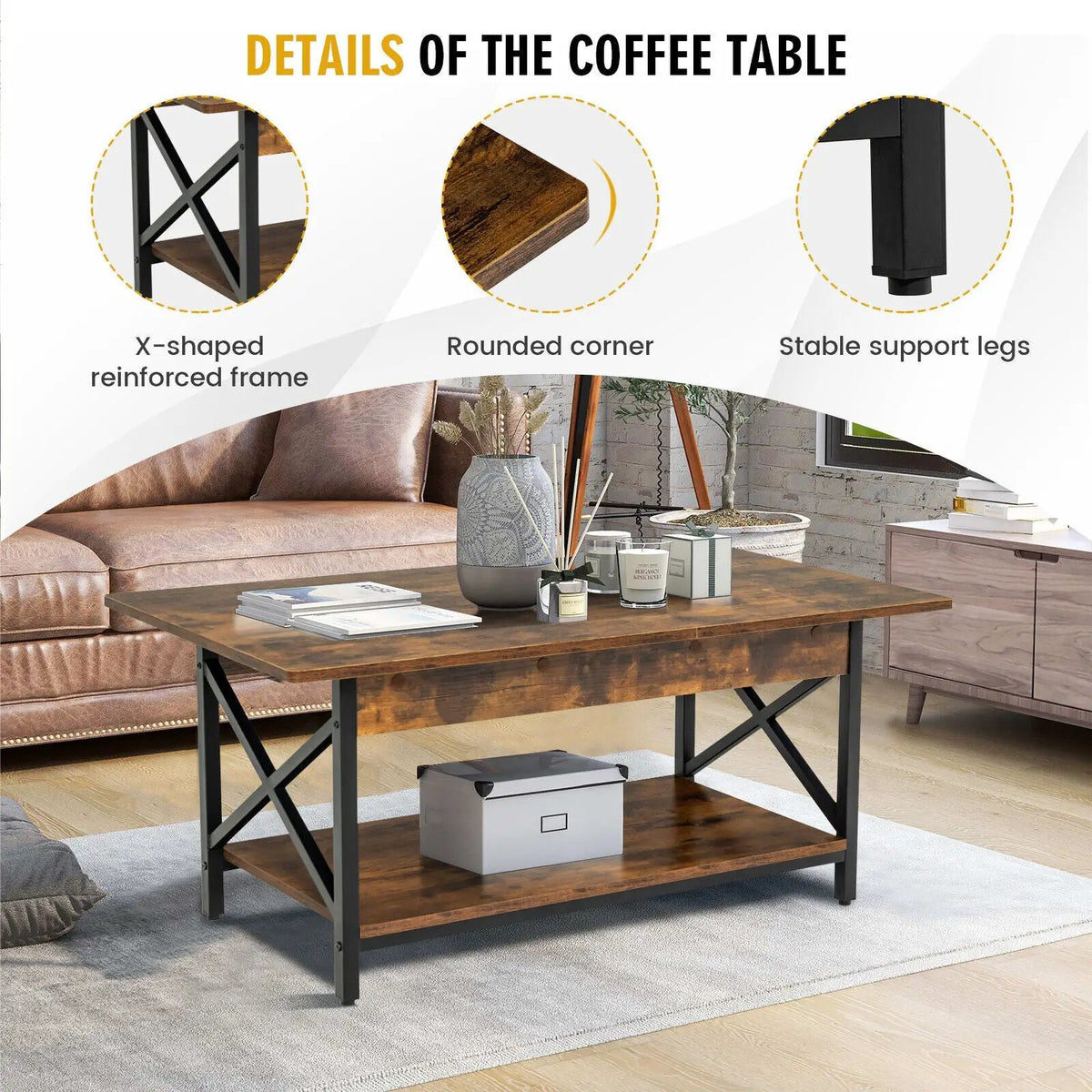 2-Tier Industrial Rectangular Coffee Table with Storage Shelf, detail